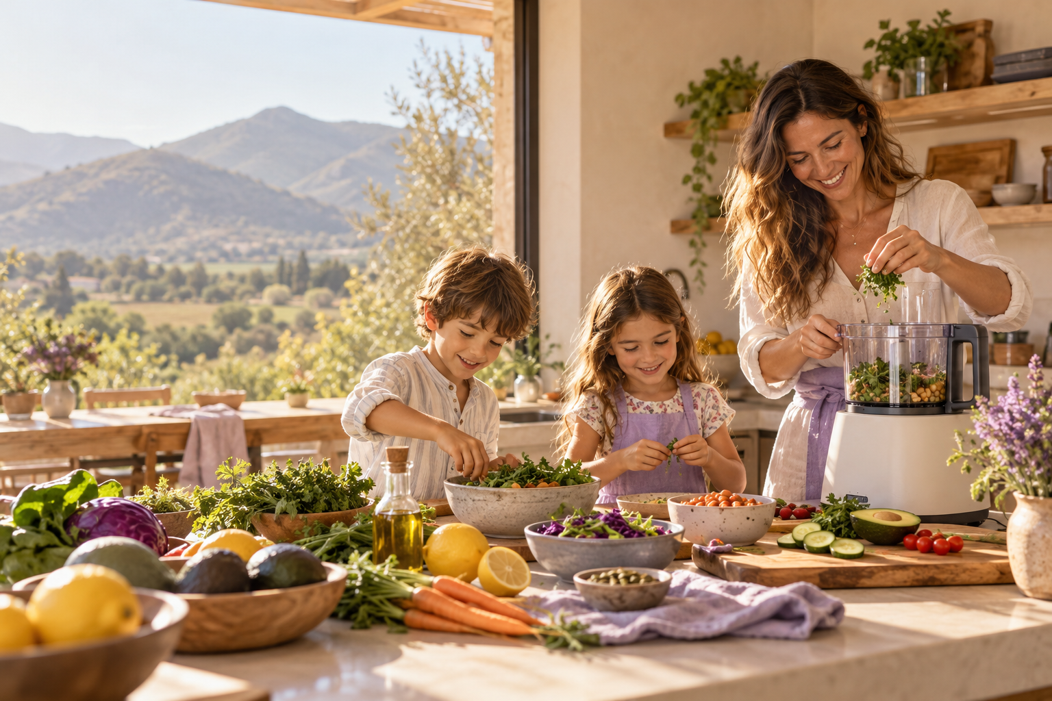 Una familia prepara comida casera en una cocina luminosa con vista a los cerros